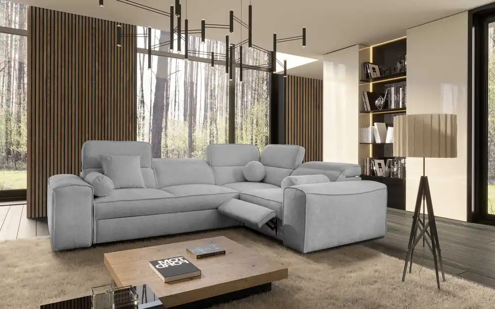 Online Kaufen Ecksofa mit Schlaffunktion Viano II Lux hellgrau rechtshändiges Designer-Ecksofa für das Wohnzimmer mit bequemer ausziehbarer Fußstütze