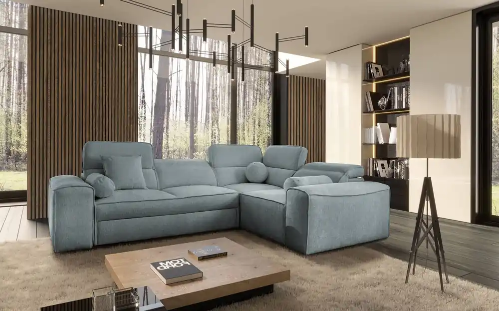 Ecksofa mit Schlaffunktion Viano II grau hellblau rechts Designer Ecksofa passend zu modernen Einrichtungen Solange Der Vorrat Reicht