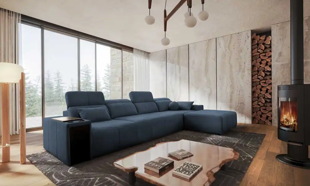 Markenprodukt Ecksofa mit Schlaffunktion Tesalia XII blau rechte Ecke modernes Design komfortable Schiebelehne Schublade in der Seite des Möbels