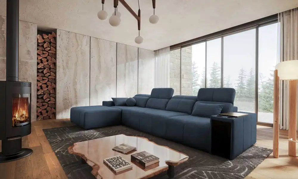 Ecksofa mit Schlaffunktion Tesalia XII blau links modernes Design komfortable Schiebe-Rückenlehne Schublade in der Seite des Möbels Jetzt Kaufen