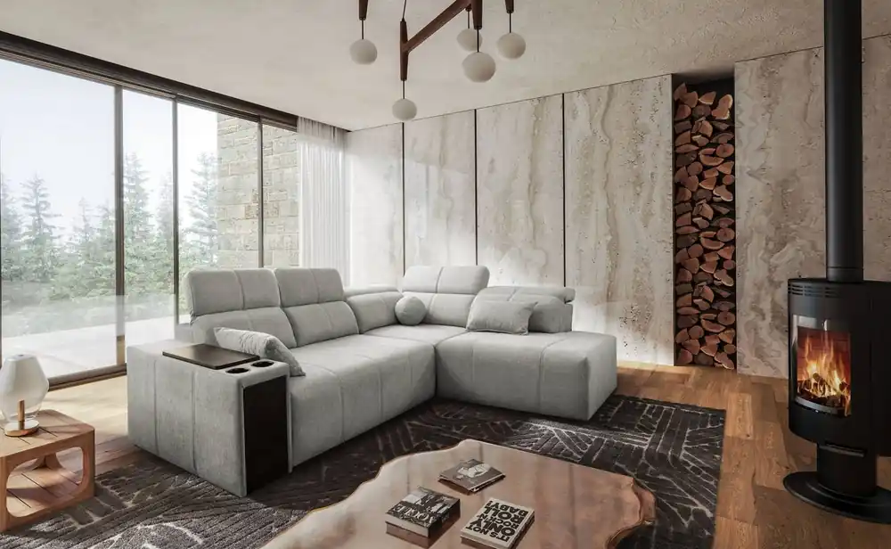 Schnäppchen Ecksofa mit Schlaffunktion Tesalia VII graue Esche rechte Ecke modernes Design komfortable Schiebelehne Schublade in der Seite des Möbels