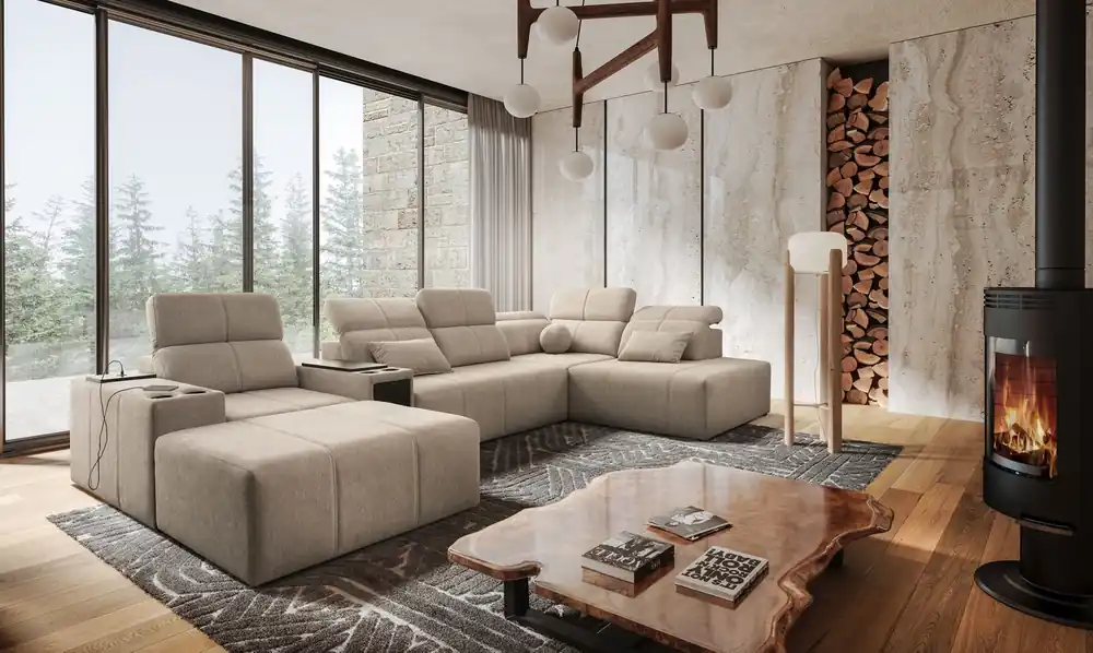 Ecksofa mit Schlaffunktion Tesalia V beige links Komfort-Ecksofa mit Schublade und Schiebefunktion der Rückenlehne Sonderaktion