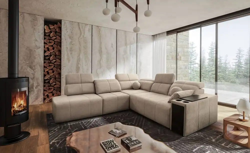 Ecksofa mit Schlaffunktion Tesalia IX beige links modernes Design komfortable Schiebelehne Schublade in der Seite des Möbels Top-Seller