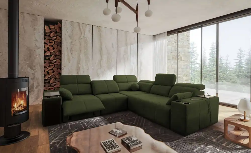 Ecksofa mit Schlaffunktion Tesalia III Lux grün links komfortables Ecksofa mit ausziehbarem Fußteil Schiebefunktion der Rückenlehne Neu