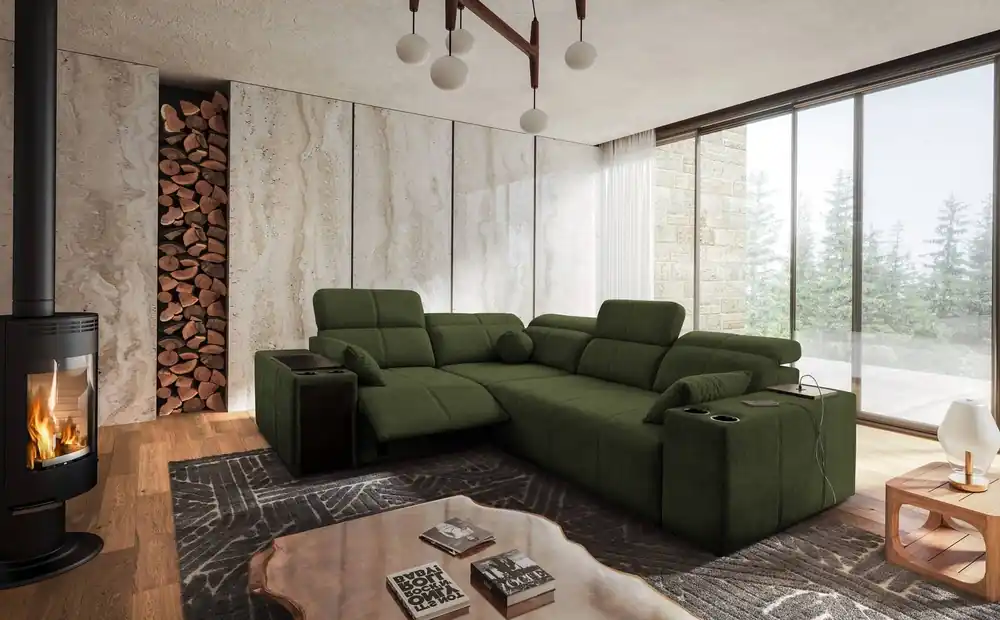 Ecksofa mit Schlaffunktion Tesalia II Lux grün links komfortables Ecksofa mit verschiebbarer Rückenlehne und ausziehbarer Fußstütze Neue Kollektion