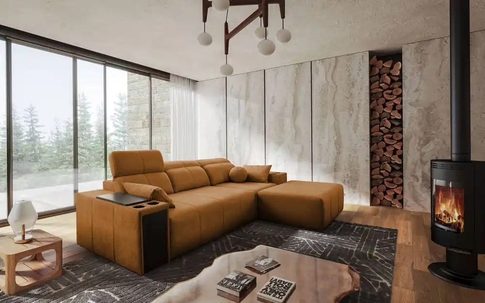 Ecksofa mit Schlaffunktion Tesalia Honig rechte Ecke modernes Design komfortable Schiebelehne Schublade in der Seite des Möbels Super-Preis