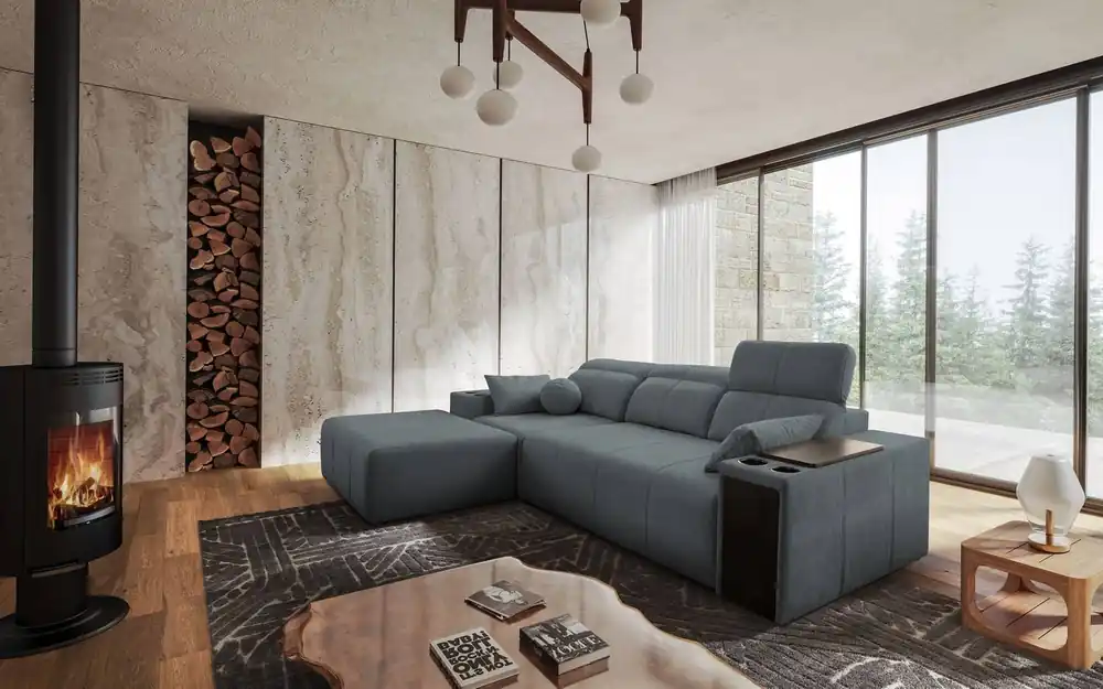 Billig Ecksofa mit Schlaffunktion Tesalia grau links modernes Design komfortable Schiebelehne Schublade in der Seite des Möbels
