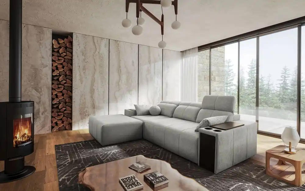 Ecksofa mit Schlaffunktion Tesalia grau Esche links modernes Design komfortable Schiebelehne Schublade in der Seite des Möbels Direkt Vom Hersteller