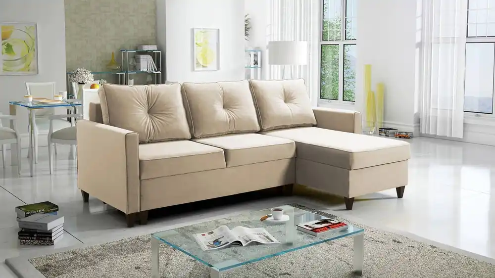 Top-Seller Ecksofa mit Schlaffunktion Terni creme rechts praktisch und funktionell, ausgestattet mit geräumigen Behältern für Bettzeug