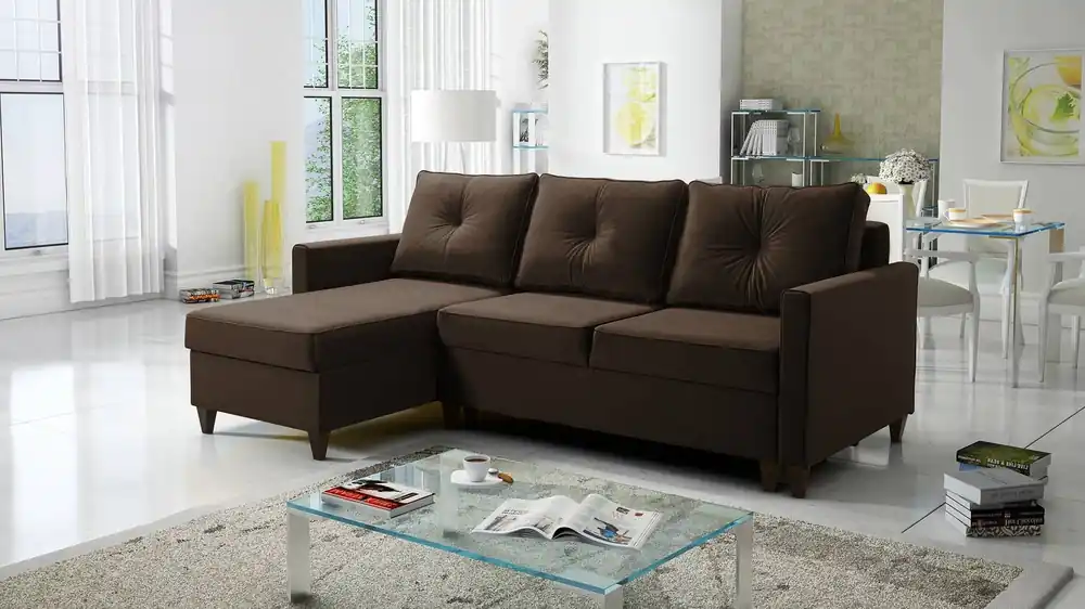 Ecksofa mit Schlaffunktion Terni braun linke Ecke ein praktisches und funktionelles Ecksofa, das mit geräumigen Behältern für Bettzeug ausgestattet ist Letzte Chance