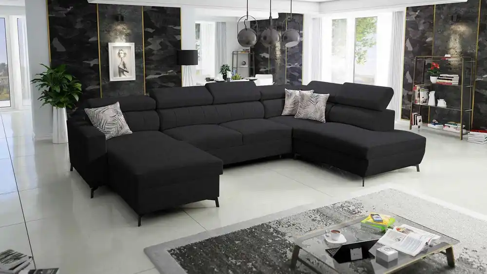 Ecksofa mit Schlaffunktion Savona VI schwarz links elegantes und bequemes Ecksofa für Wohnzimmer mit zwei Bettkästen Neu