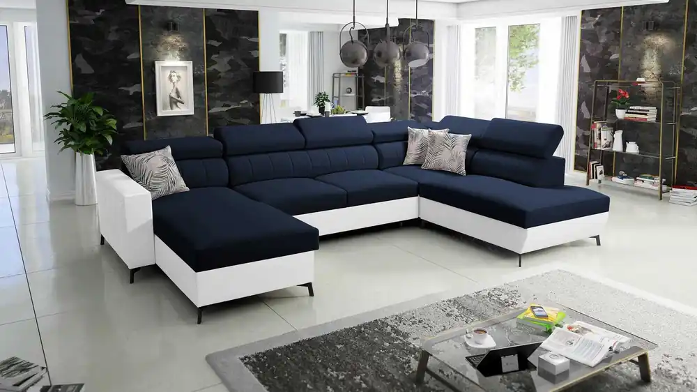Ecksofa mit Schlaffunktion Savona VI marineblau/weiß links elegantes und bequemes Ecksofa für Wohnzimmer zwei Container für Bettzeug Finale Aktion
