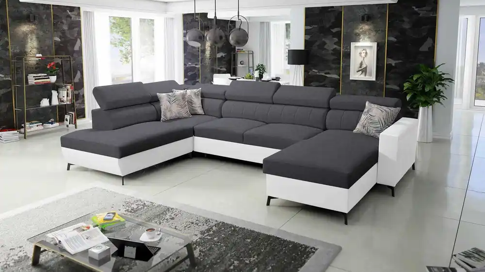 Ausverkauf Ecksofa mit Schlaffunktion Savona VI graphit / weiß rechts bequemes Ecksofa für das Wohnzimmer mit zwei Bettkästen