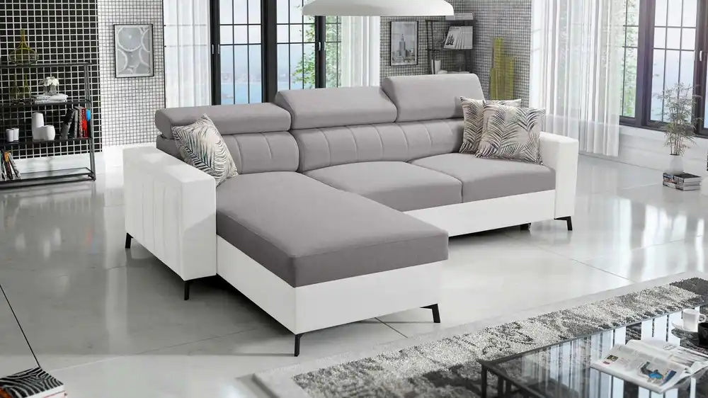 Meistverkauft Ecksofa mit Schlaffunktion Savona hellgrau/weiß links elegantes Ecksofa mit verstellbaren Kopfstützen Ziernähte