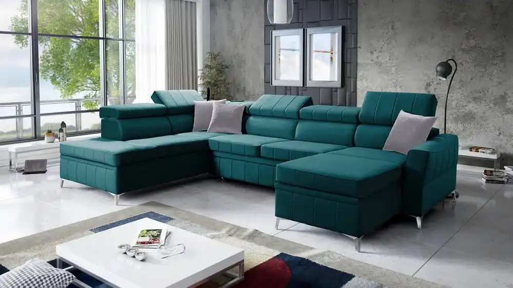 Ecksofa mit Schlaffunktion Rava VI azurblau rechtshändig Praktisches und modernes Ecksofa, ausgestattet mit einer Multifunktionslampe Ausverkauf
