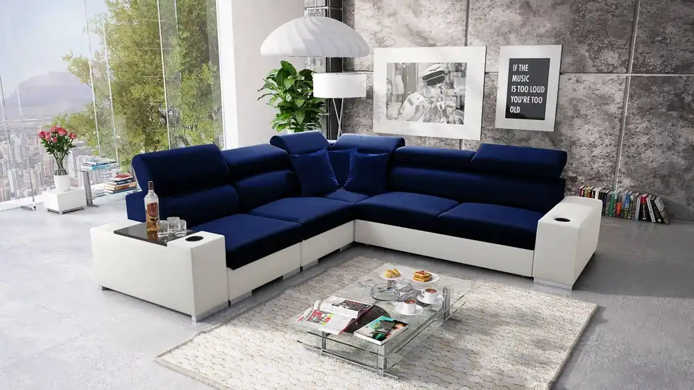 Angebot Ecksofa mit Schlaffunktion Provo III navyblau/weiß linkes Ecksofa mit Bettzeugablage und verstellbaren Kopfstützen