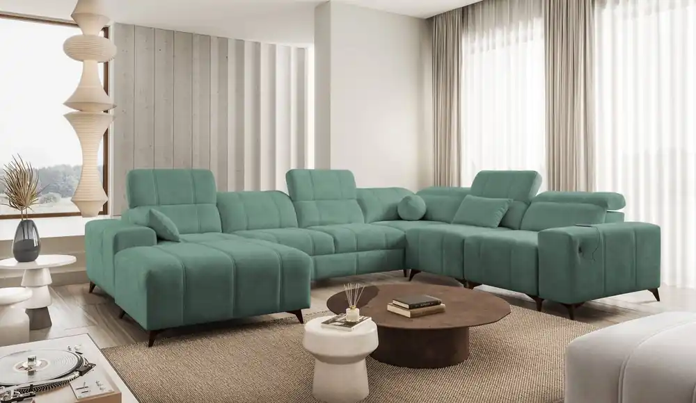 Sonderaktion Ecksofa mit Schlaffunktion Penejos VIII grün linke Seite stilvolles Ecksofa Bett aus strapazierfähigem Stoff