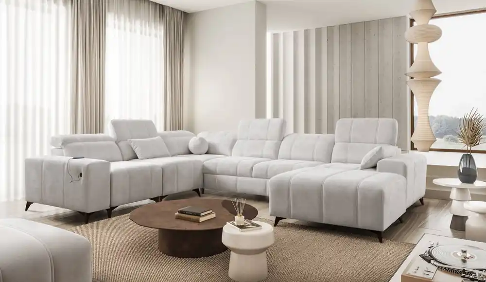 Direktkauf Ecksofa mit Schlaffunktion Penejos VIII grau Esche rechtshändig stilvolles Ecksofabett aus strapazierfähigem Stoff