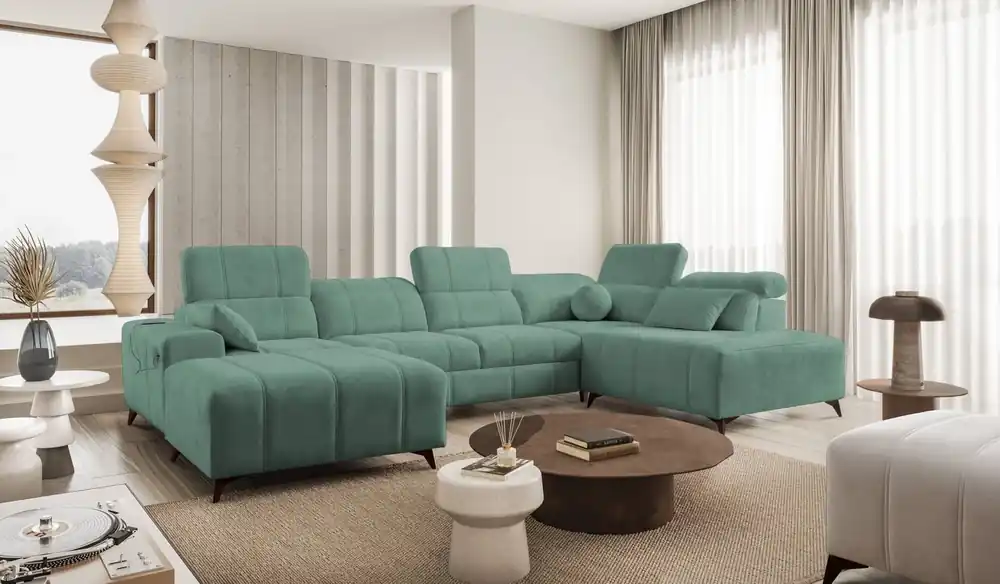 Bestseller Ecksofa mit Schlaffunktion Penejos VI grün linksseitig stilvolles Ecksofa mit zwei Bettkästen strapazierfähiger Stoff