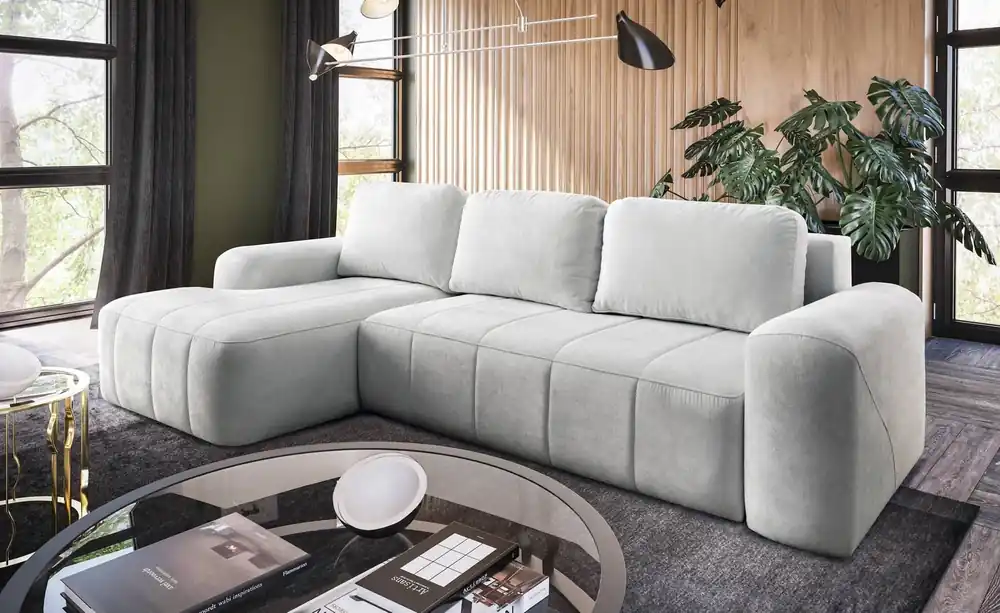 Ecksofa mit Schlaffunktion Bovec ecru links stilvolles Ecksofa mit ergonomischer Form hydrophobem Stoff Begrenztes Angebot