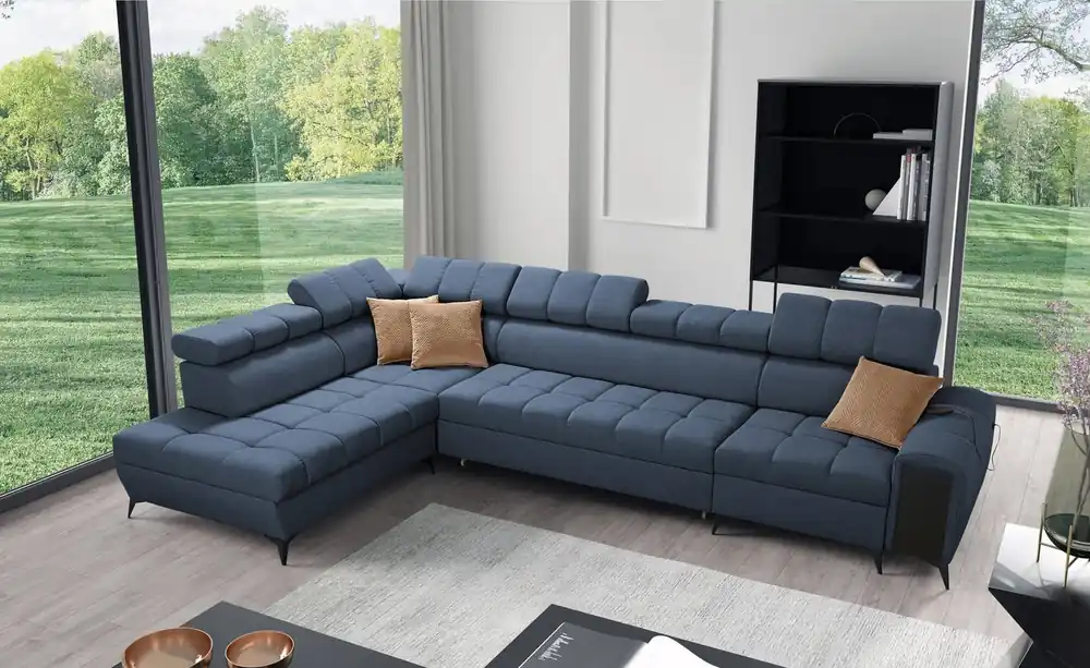 Schnäppchen Ecksofa mit Schlaffunktion Bolmso XI blau linke Seite stilvolles Design Ecksofa mit Schublade und Bettzeugcontainer