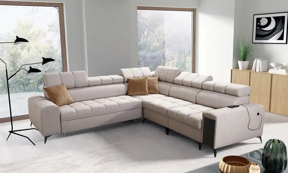 Günstig Ecksofa mit Schlaffunktion Bolmso III beige rechtsseitiges Ecksofa mit Bettzeugcontainer Vollauszug in der Seite des Möbels