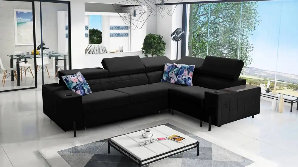 Ecksofa mit Schlaffunktion Belvi II schwarz rechts elegantes und ergonomisches Ecksofa für das Wohnzimmer praktischer Stauraum an der Seite Markenprodukt