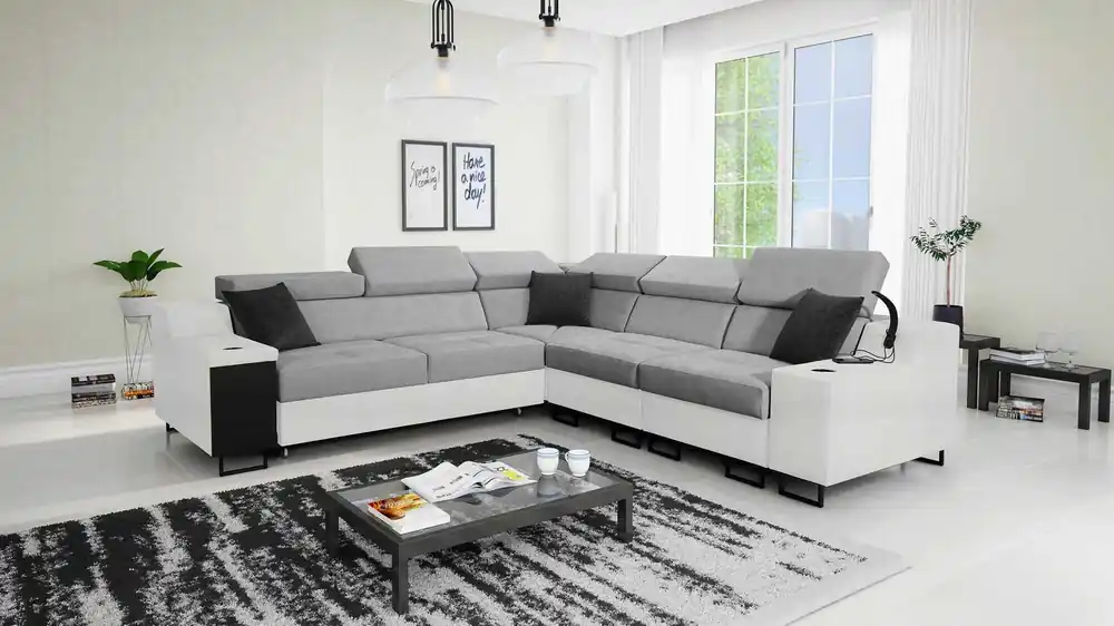 Ecksofa mit Schlaffunktion Alcamo III grau / weiß rechts Funktions-Ecksofa mit einer Schublade in der Seite zwei Behälter für Bettzeug Geprüft