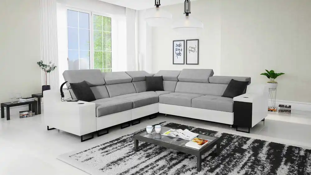 Ecksofa mit Schlaffunktion Alcamo III grau / weiß links Funktions-Ecksofa mit einer Schublade in der Seite zwei Behälter für Bettzeug Markenprodukt