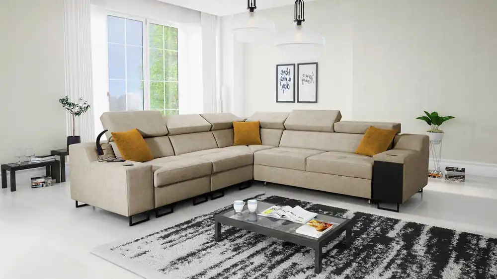 Ecksofa mit Schlaffunktion Alcamo III beige links funktionelles und stilvolles Ecksofa mit einer Schublade in der Seite zwei Behälter für Bettzeug Beliebt