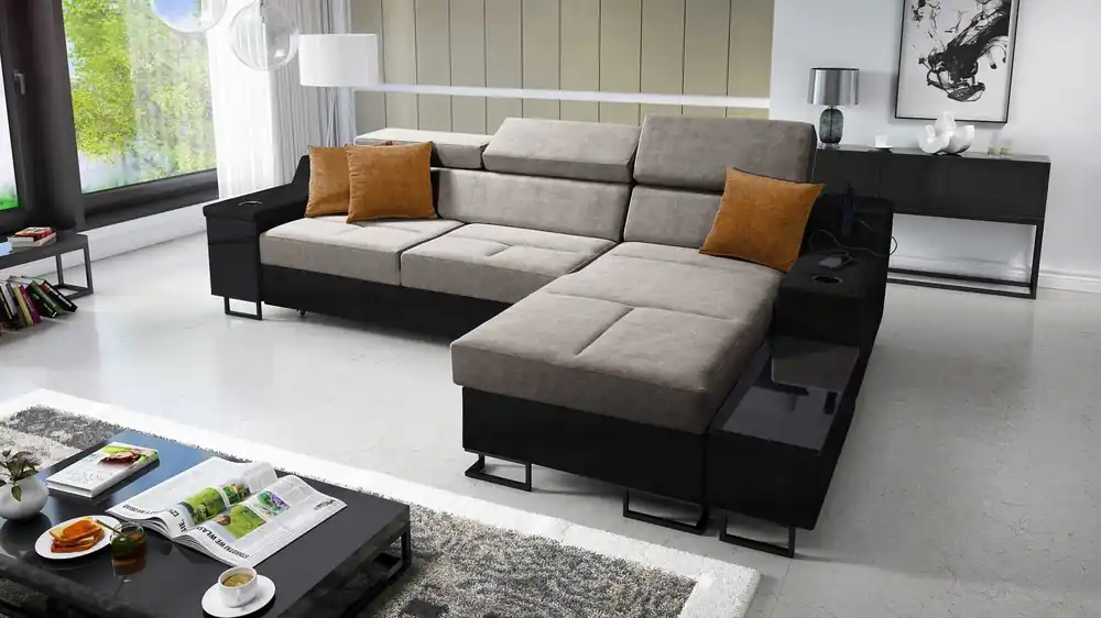 Ecksofa mit Schlaffunktion Alcamo grau-braun/schwarz rechts elegantes Ecksofa mit einer ausziehbaren praktischen Schublade an der Seite des Möbels Versand Am Gleichen Tag
