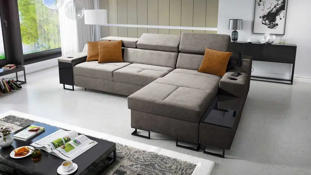 Letzte Chance Ecksofa mit Schlaffunktion Alcamo grau-braun rechte Ecke elegantes und stilvolles Ecksofa mit einer ausziehbaren praktischen Schublade an der Seite des Möbels