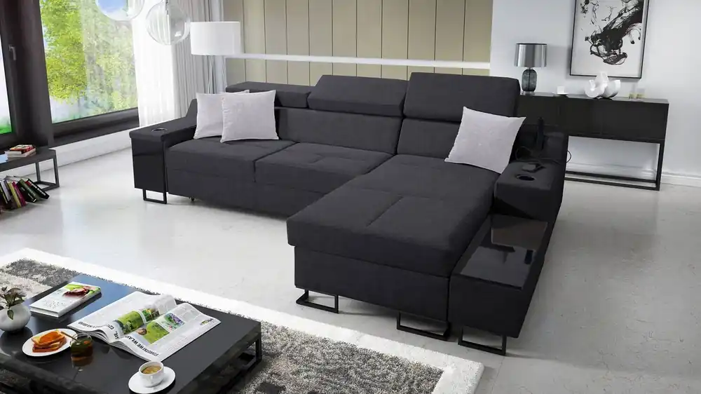 Direkt Vom Hersteller Ecksofa mit Schlaffunktion Alcamo graphit rechte Ecke elegantes und stilvolles Ecksofa mit einer ausziehbaren praktischen Schublade an der Seite des Möbels