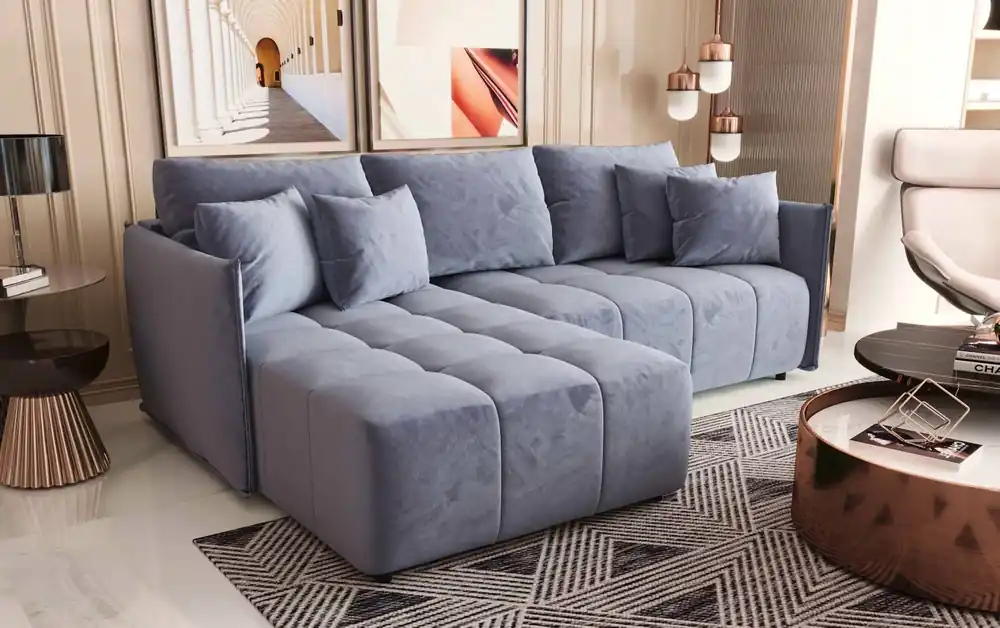 Preisreduziert Schlafsofa Oroso blau links weicher Samtstoff mit hydrophober Beschichtung Bettzeugbehälter