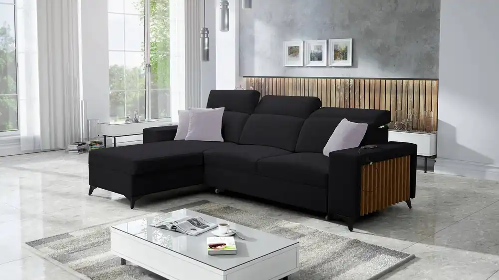 Letzte Chance Kelly Ecksofa mit Schlaffunktion schwarz linke Seite geflochten Komfort und Funktionalität Eckseite mit Latten abgeschlossen