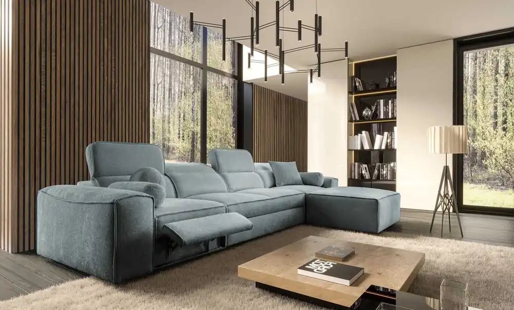 Ecksofa mit Schlaffunktion Viano XII Lux grau blau rechts Design-Ecksofa für das Wohnzimmer mit bequemer ausziehbarer Fußstütze Top-Preis