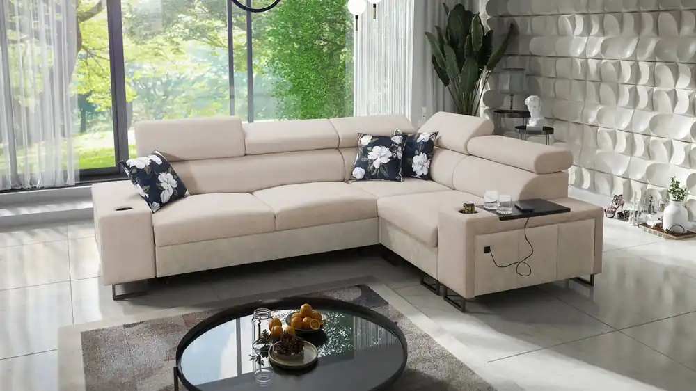 Ausverkauf Ecksofa mit Schlaffunktion Flavio II beige / beige Öko-Leder rechts bequemes Ecksofa Bett offene Bar in der Seite der Möbel