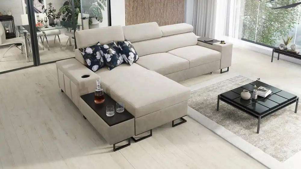 Solange Der Vorrat Reicht Ecksofa mit Schlaffunktion Flavio hellbeige/beige links elegantes Ecksofa mit einer seitlich öffnenden Verlängerungsstange
