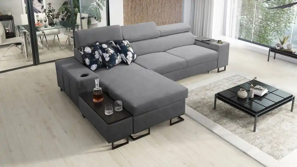 Ecksofa mit Schlaffunktion Flavio grau links bequemes elegantes Ecksofa mit einer offenen Bar in der Seite des Möbels Echt