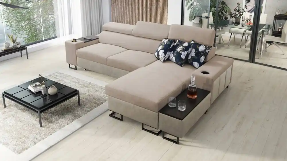 Ecksofa mit Schlaffunktion Flavio beige / beige Öko-Leder rechts elegantes Ecksofa mit einer seitlich öffnenden Verlängerungsstange Bestseller
