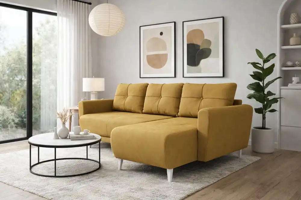 Preisreduziert Ecksofa mit Schlaffunktion Felicie Senfgelb Universal-Ecksofa stilvolles Design das sich in jede Einrichtung einfügt