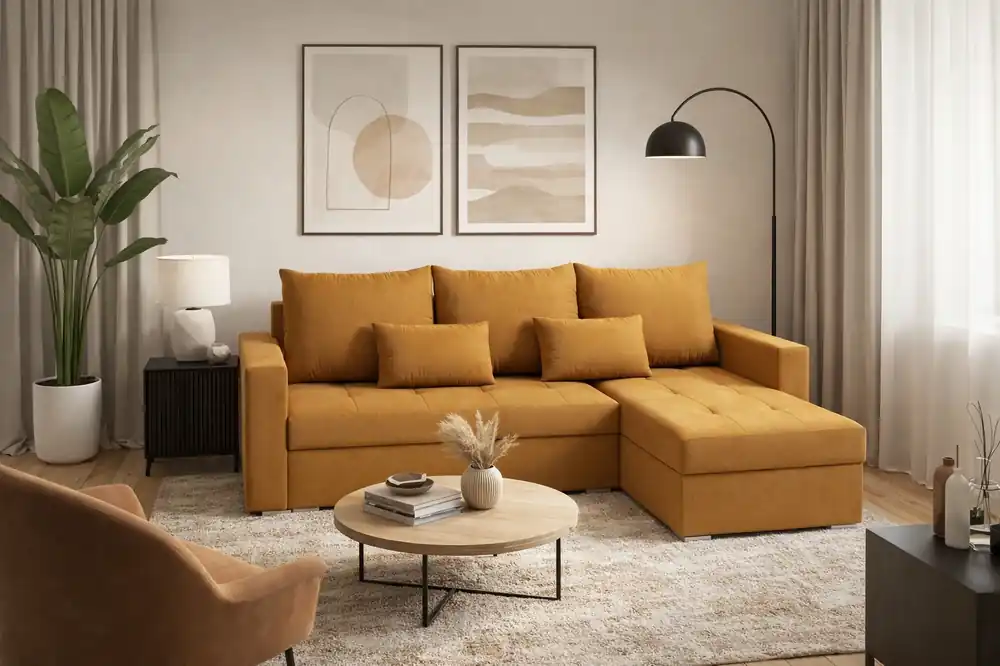 Markenware Ecksofa mit Schlaffunktion Fasti Bis senfgelb Universal-Ecksofa mit Bettkasten garantiert höchsten Komfort