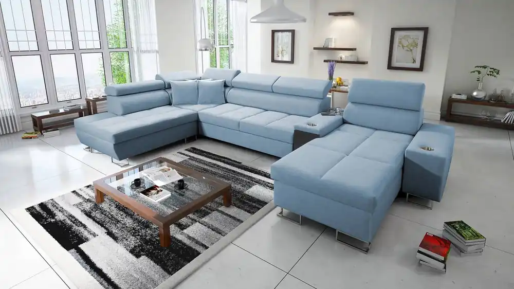 Ecksofa mit Schlaffunktion Dafni V blau rechts Samt komfortables und bequemes Ecksofa mit verstellbaren Kopfstützen Garantierte Lieferung