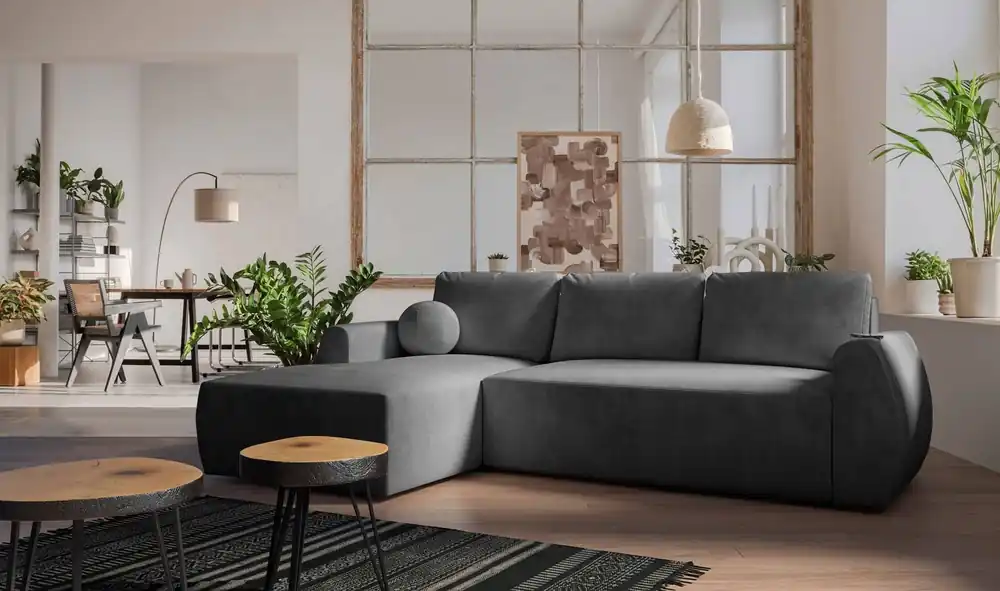 Geprüft Ecksofa mit Schlaffunktion Colio graphit linke Seite stilvolles Ecksofa mit interessanter Form Velourstoff Zierkissen Ball