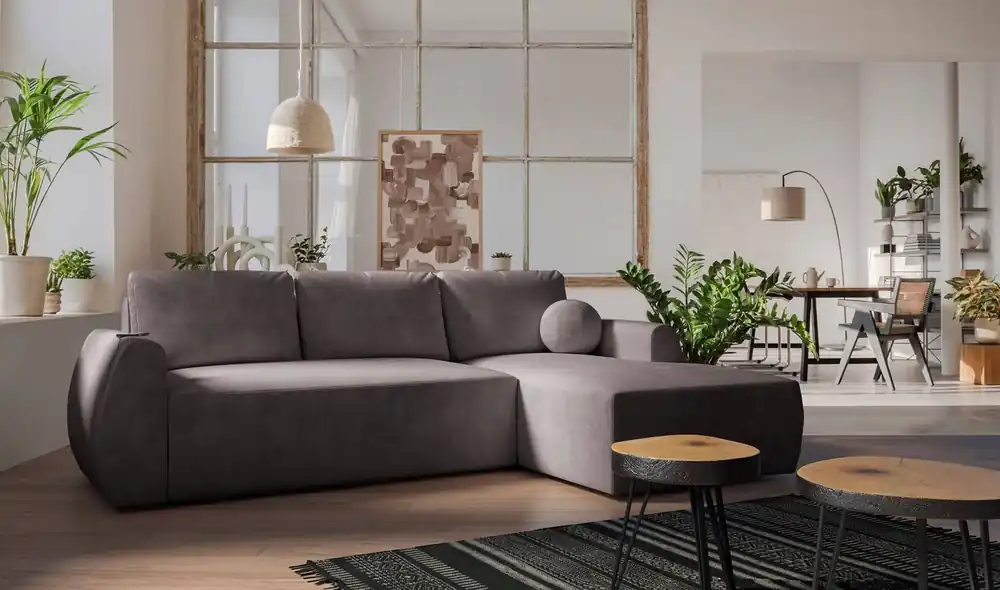 Ecksofa mit Schlaffunktion Colio braun rechte Seite stilvolles Ecksofa mit interessanter Form Veloursstoff Zierkissen Ball Sofort Bestellen