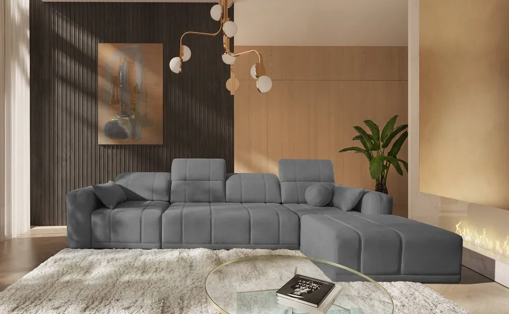 Heißes Angebot Ecksofa mit Schlaffunktion Cetara XII grau rechte Seite stilvolles Design bequeme verschiebbare Rückenlehnen zwei Bettkästen