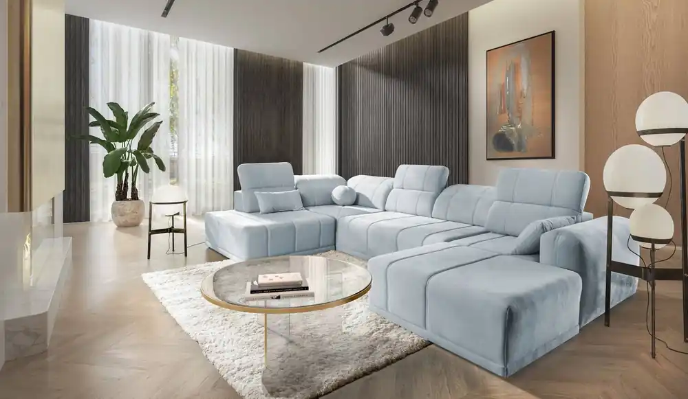 Sichere Zahlung Ecksofa mit Schlaffunktion Cetara VI blau rechte Seite komfortables und stilvolles Ecksofa mit verschiebbaren Rückenlehnen