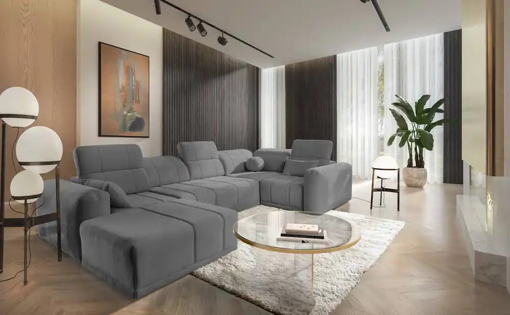 Echt Ecksofa mit Schlaffunktion Cetara IV grau linke Seite stilvolles Eckdesign mit verschiebbaren Rückenlehnen zwei Bettzeugkästen