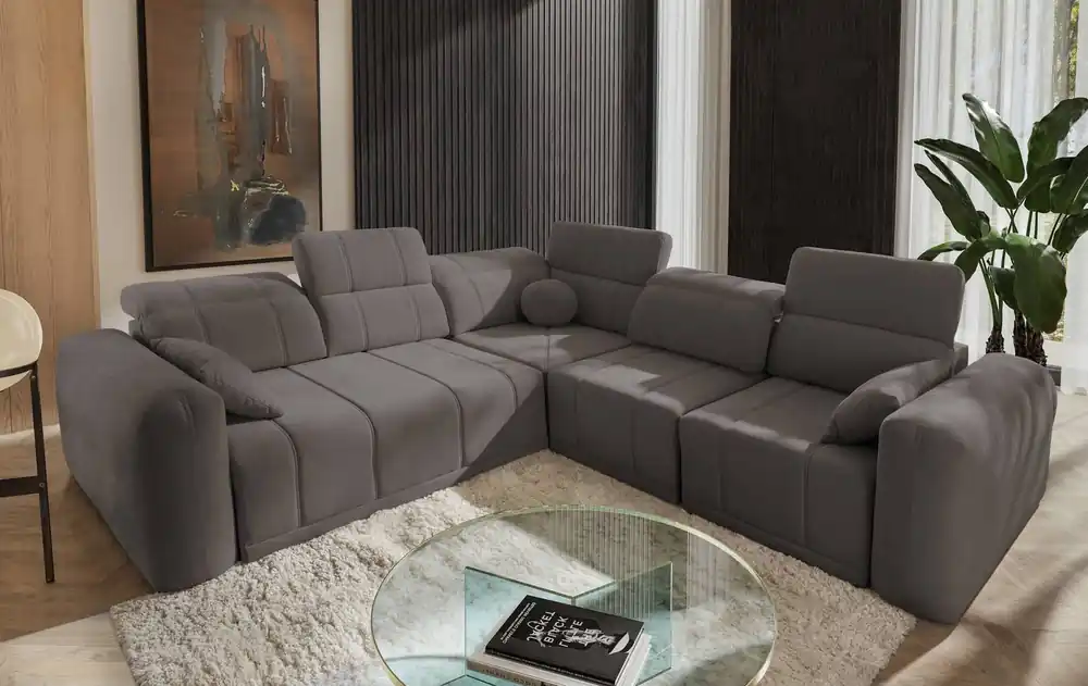 Angebot Ecksofa mit Schlaffunktion Cetara III graubraun rechtshändig ergonomisches Ecksofa mit verschiebbarer Rückenlehne und verstellbaren Kopfstützen