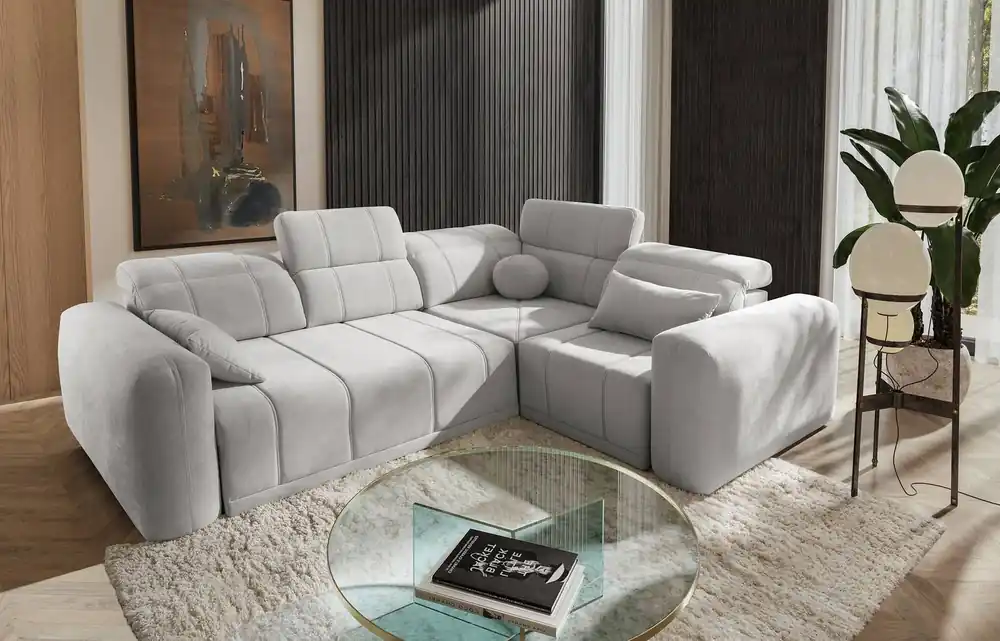Ecksofa mit Schlaffunktion Cetara II graue Esche rechte Seite stilvolles Design verschiebbare Rückenlehnen verstellbare Kopfstützen und Bettzeugbehälter Top-Angebot